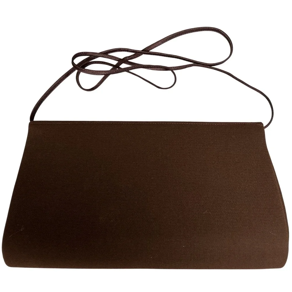 ML Studio Brown Satin Evening Clutch Bag Rhinestone Bow‎ Accent Shoulder Strap